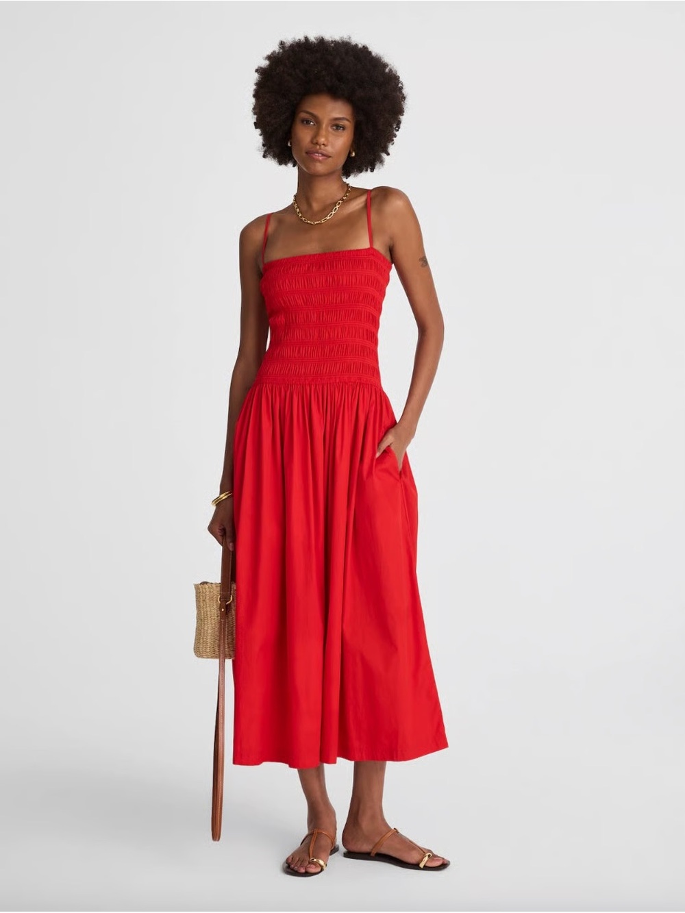 Madewell Red Poplin Smocked Midi Dress Petite XL